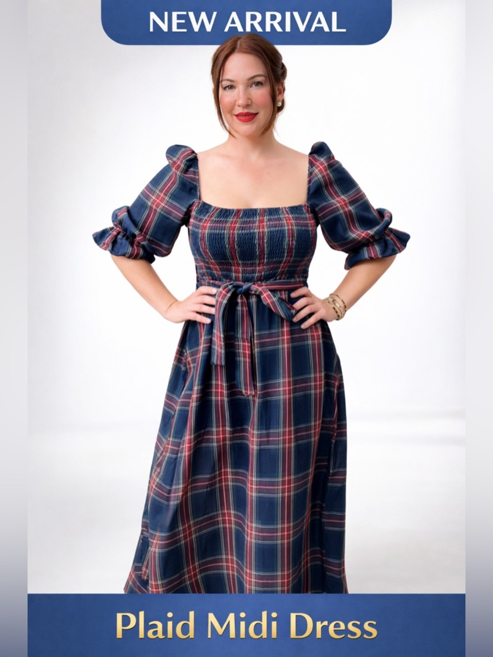 Plaid Off-Shoulder Maxi Dress with Waist Tie - Navy/Red - Picture 4 of 5